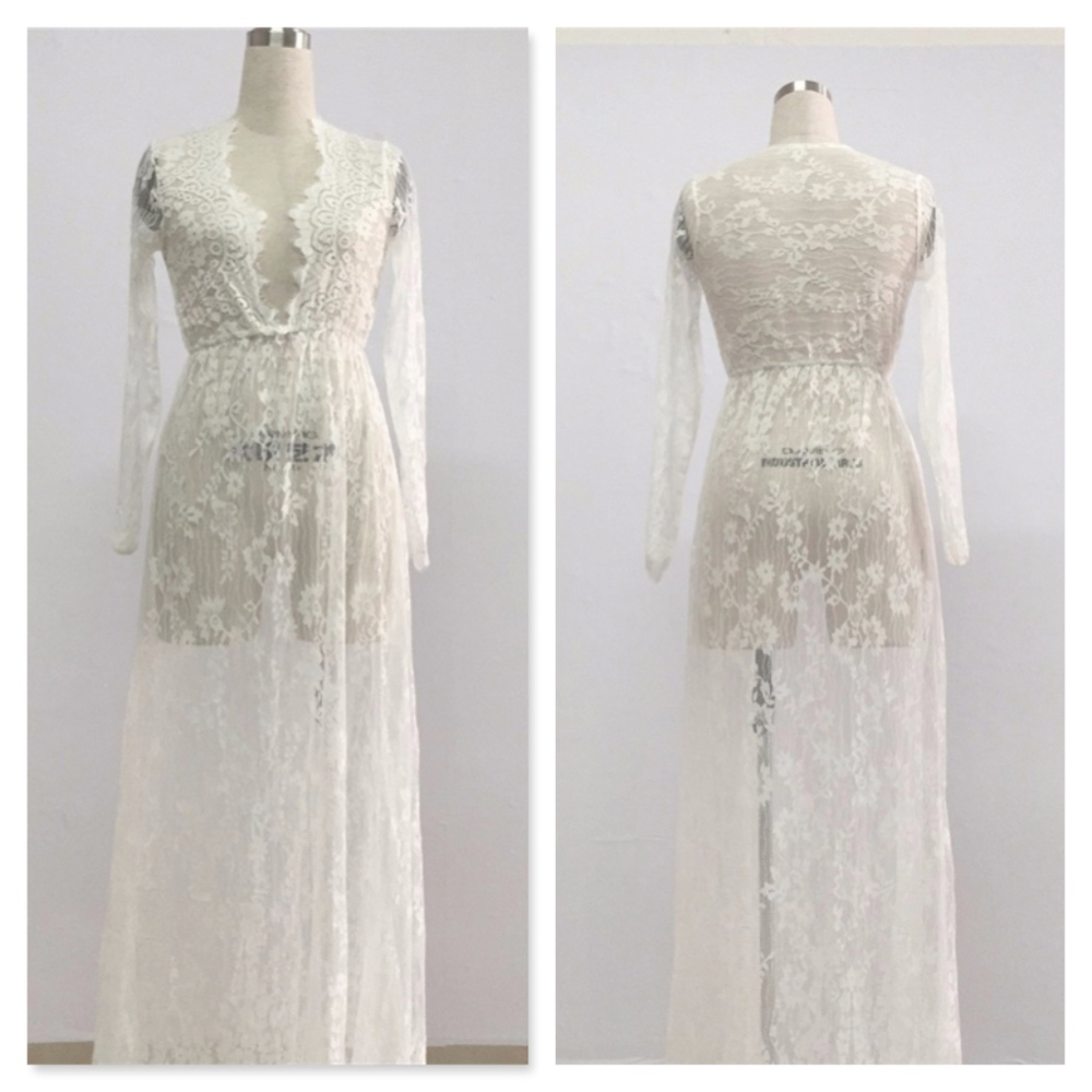 Sexy Boho Lace White Deep V Long Lingerie Dress - Picture 6 of 16